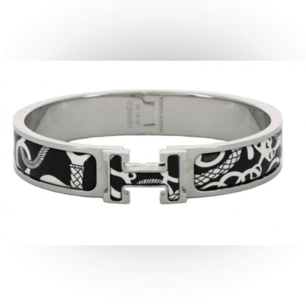 Hermes H Bracelet Clic Clac Black silver white equestrian panoplie enamel small